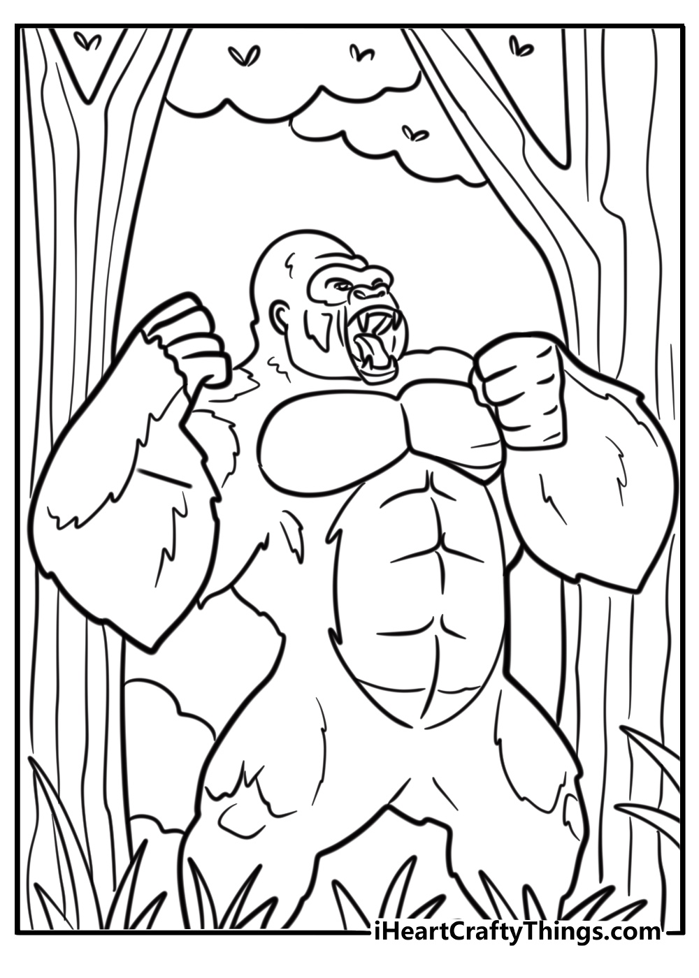 Gorilla roaring in the jungle free coloring page pdf