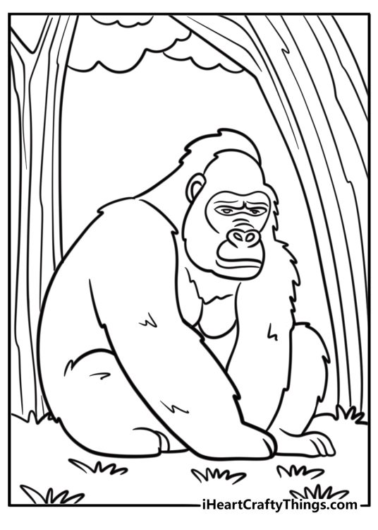 Gorilla sitting peacefully coloring page for kids