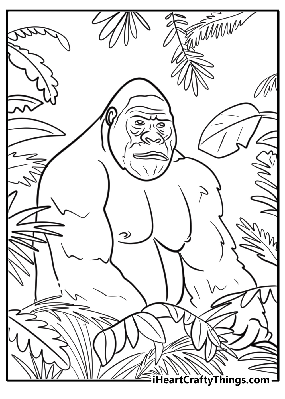 Gorilla surrounded by tropical plants coloring page