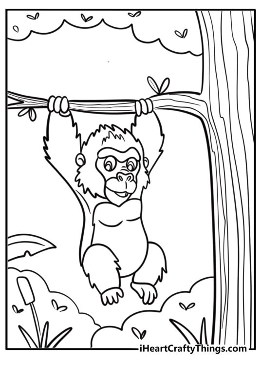 Gorilla swinging on a tree branch free printable page