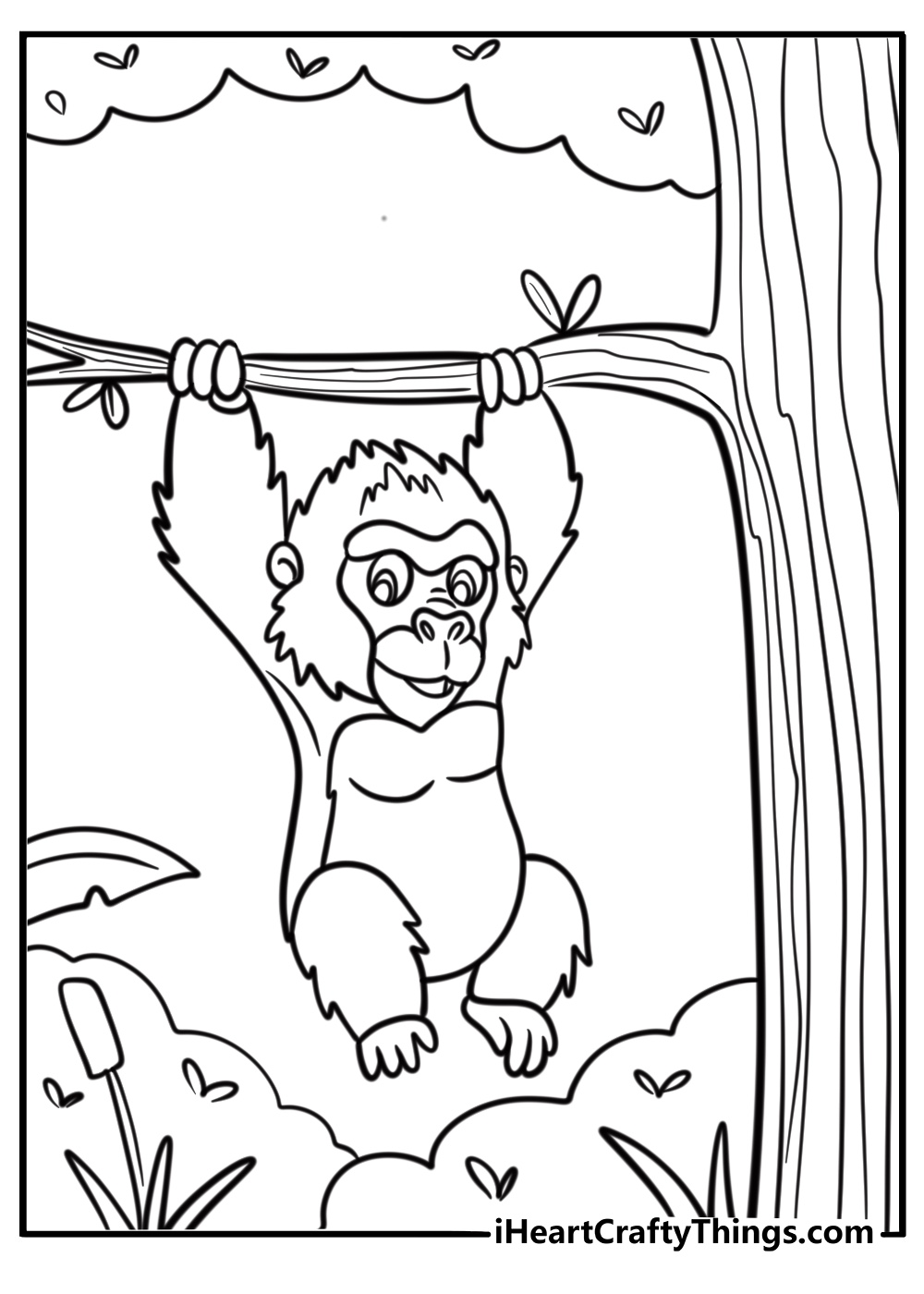 Gorilla swinging on a tree branch free printable page