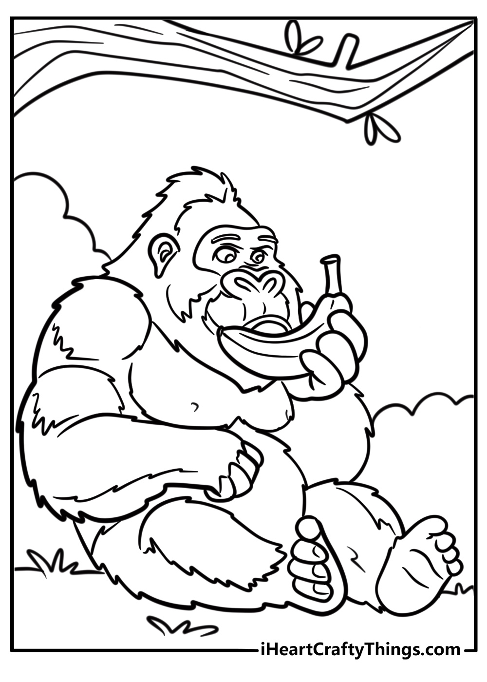 Gorilla with a banana in hand fun coloring sheet for kids