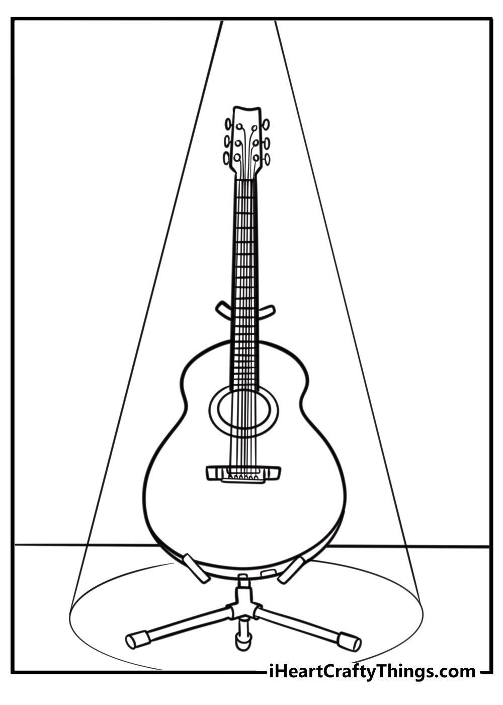 Guitar on a stage with spotlights free printable coloring page
