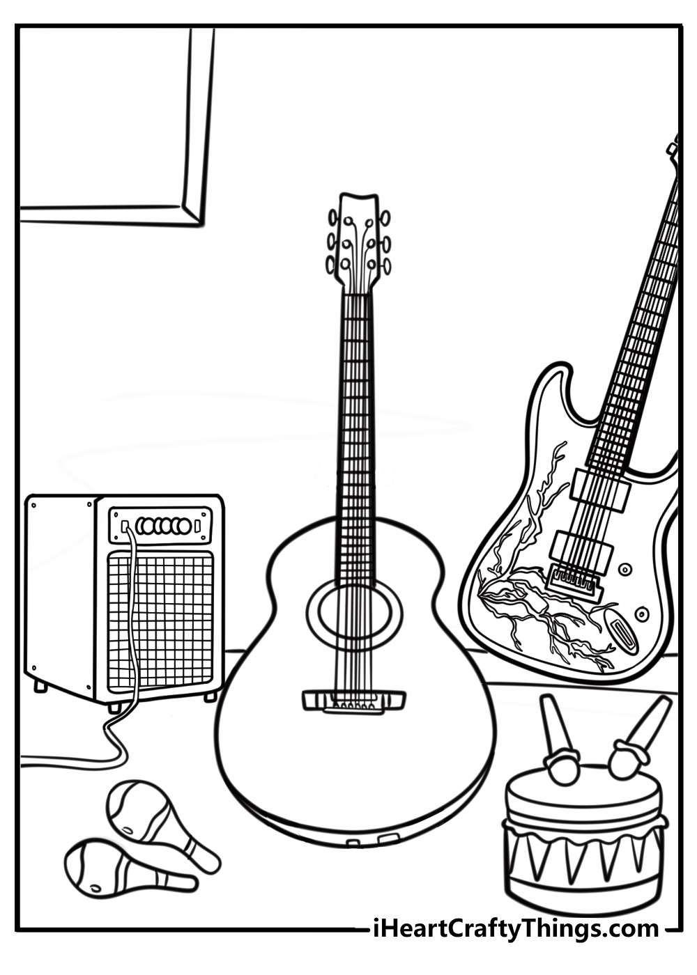 Guitar surrounded by musical instruments detailed coloring sheet