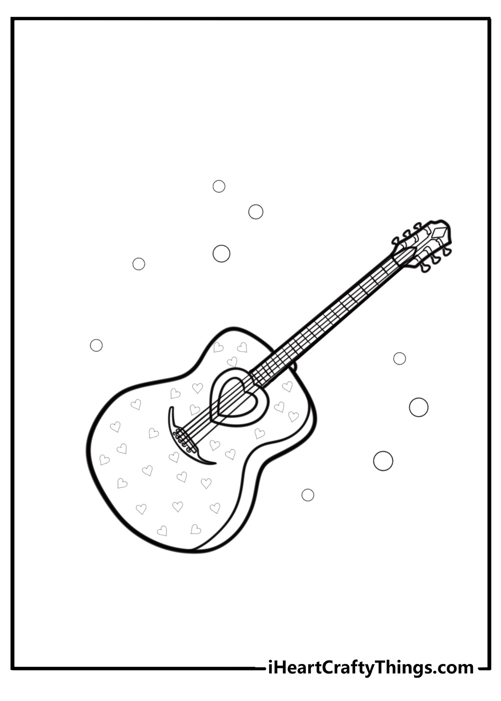 Guitar with a heart-shaped soundhole fun printable coloring sheet