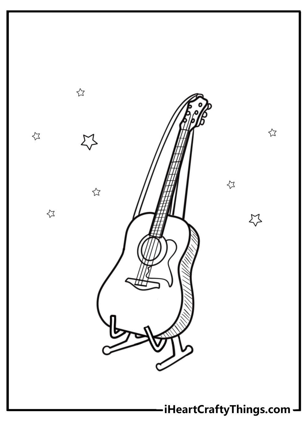 Guitar with a strap and stand coloring page for kids