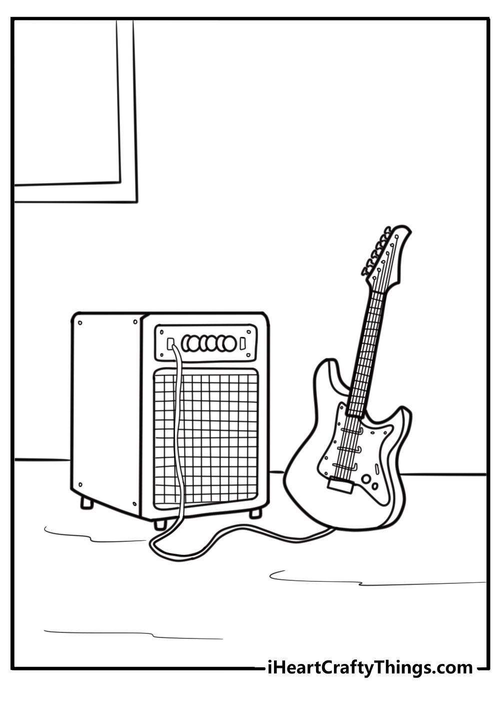 Guitar with amplifier and cables fun printable coloring sheet