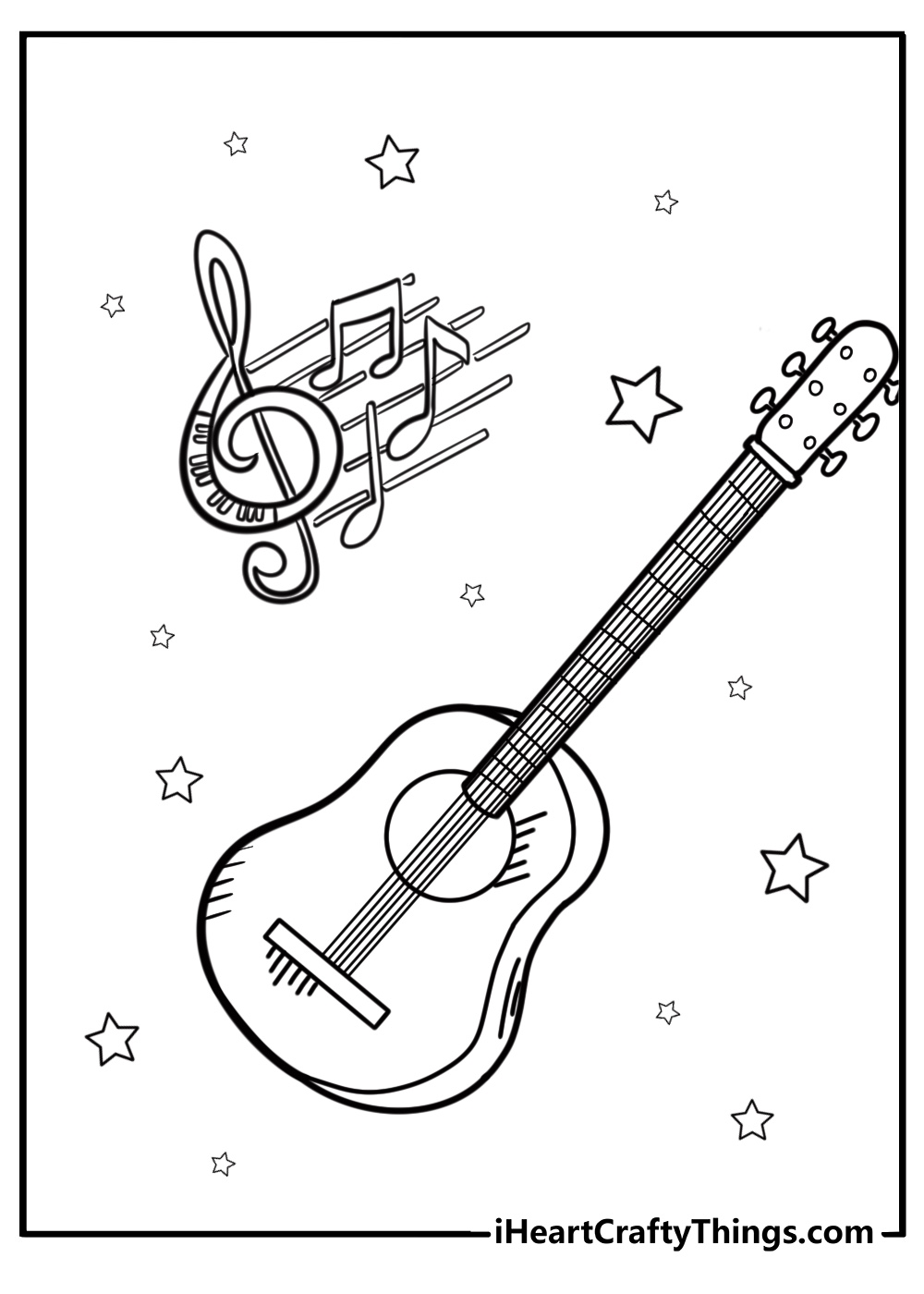 Guitar with musical notes free printable coloring page