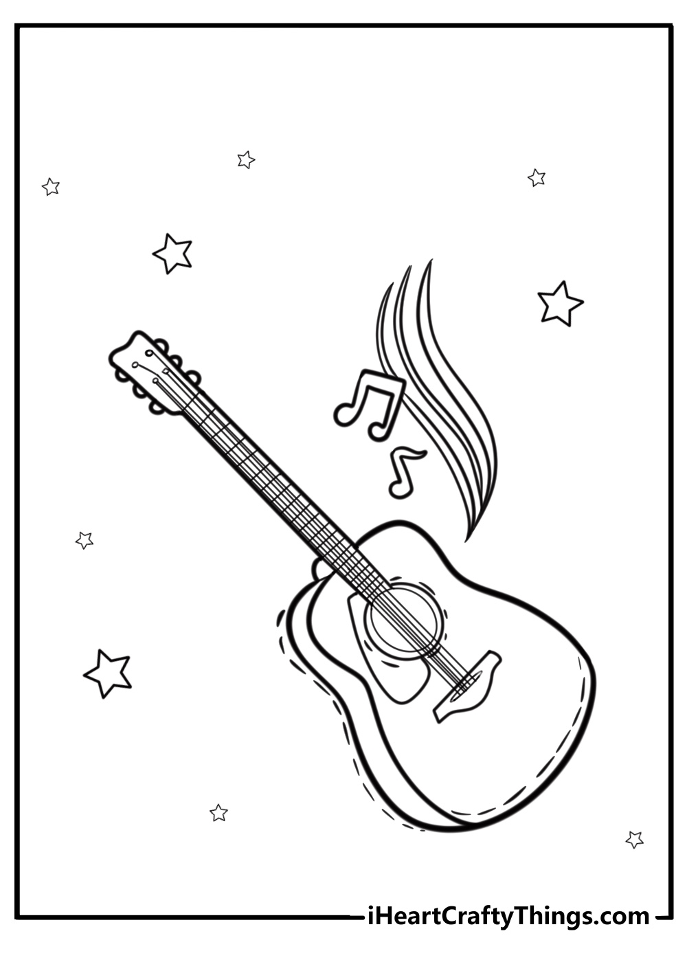 Guitar with musical notes free printable coloring page