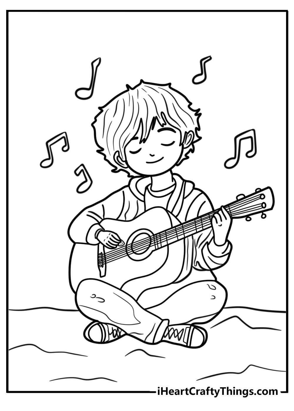 Guitar with pick and sheet music detailed coloring sheet