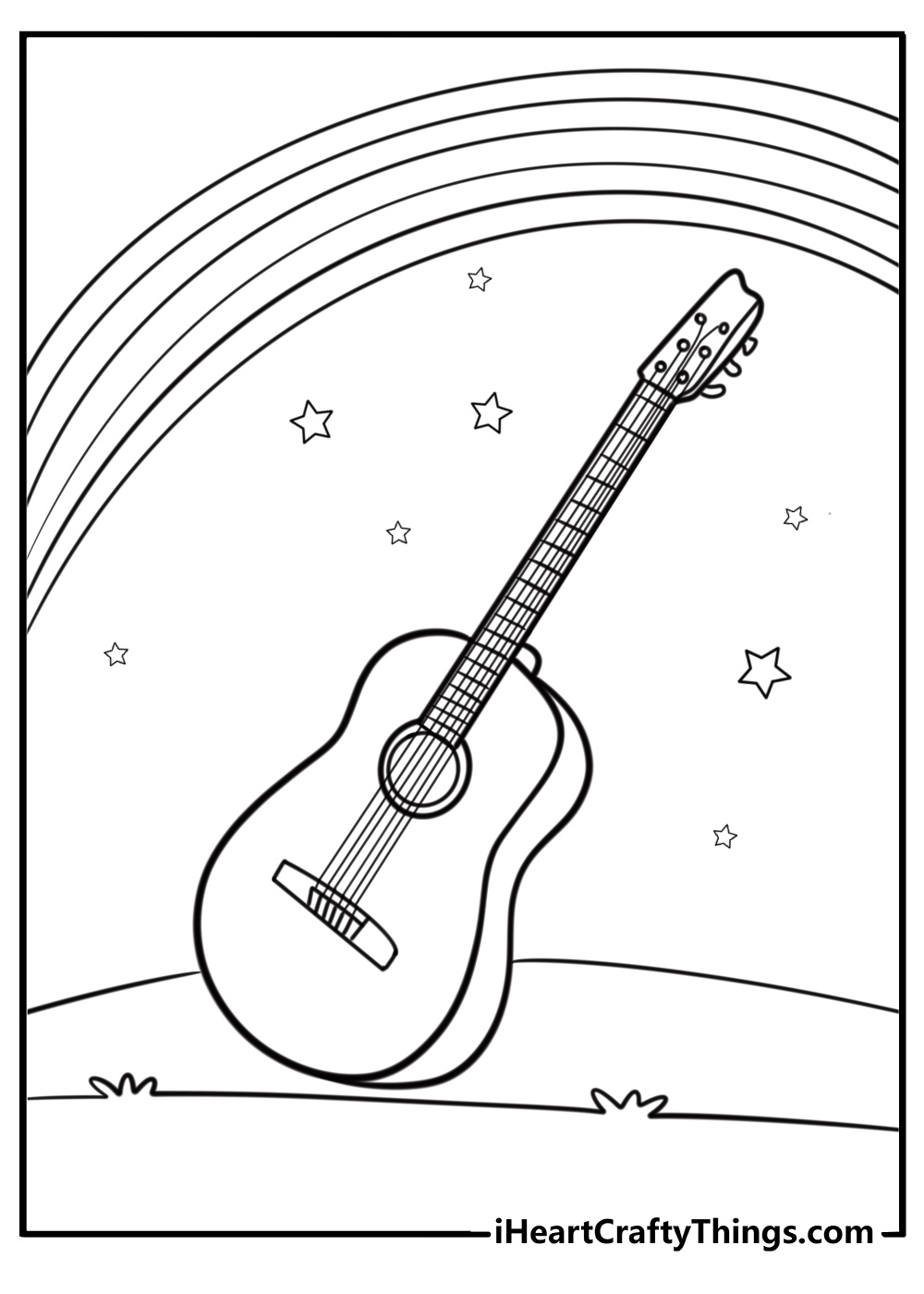 Guitar with rainbow strings fun printable coloring sheet