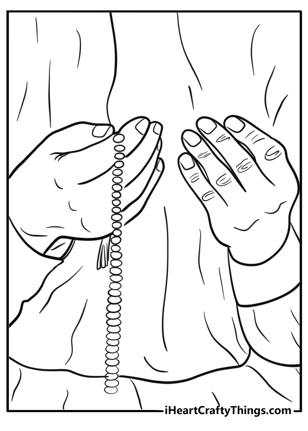 Hands raised in prayer with a rosary free coloring page pdf