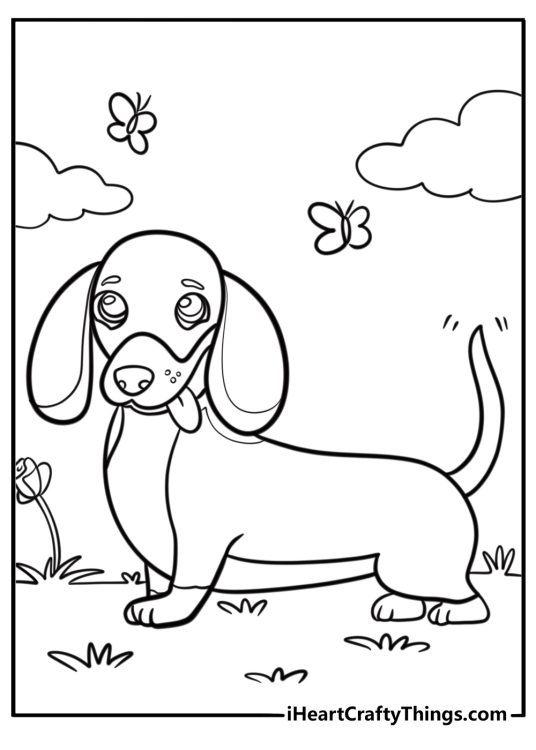 Happy dachshund wagging its tail coloring page for kids