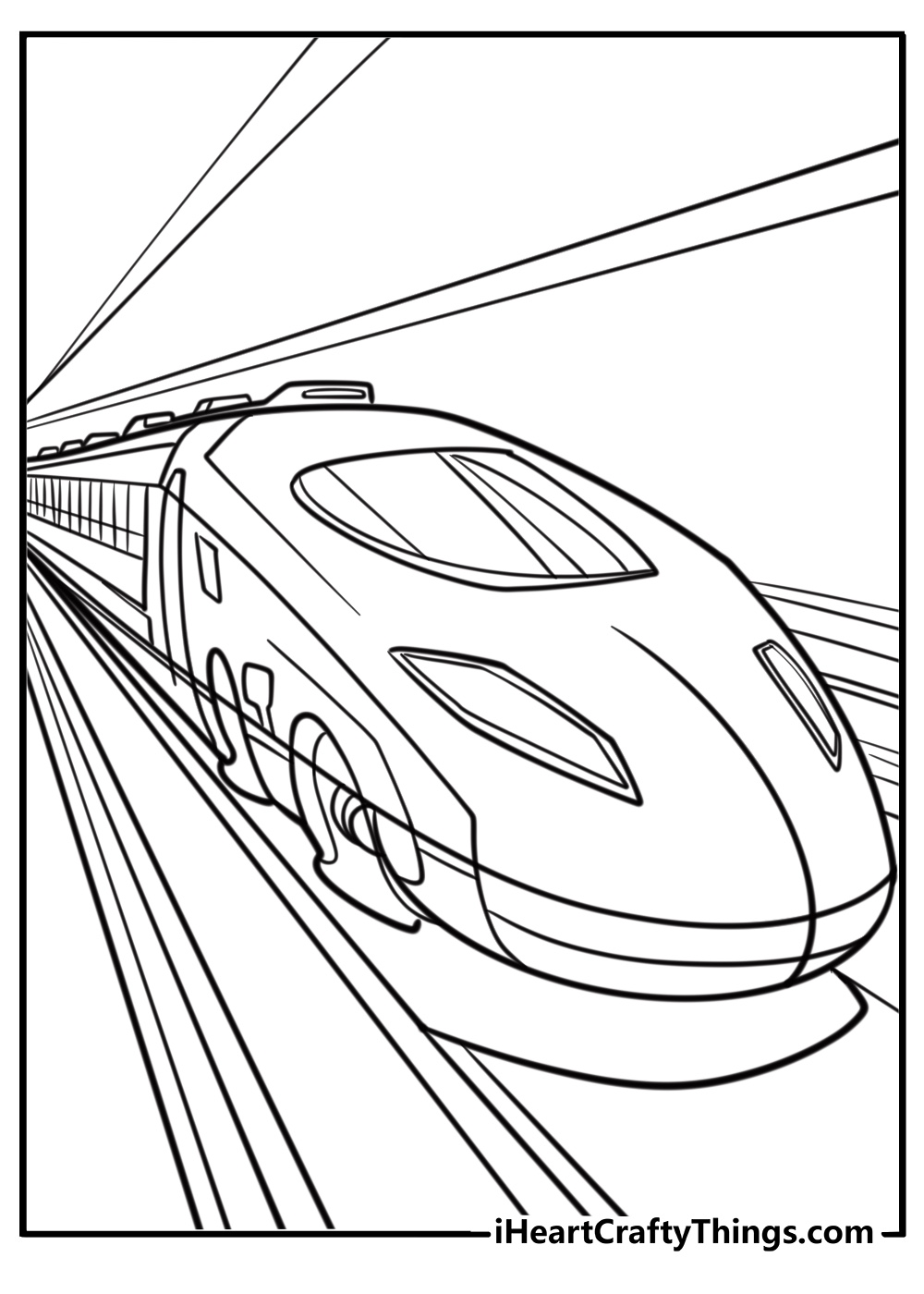 High-speed bullet train on the rails free printable coloring page