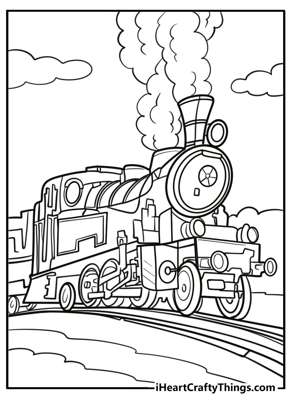 Historic train with a whistle blowing detailed coloring sheet