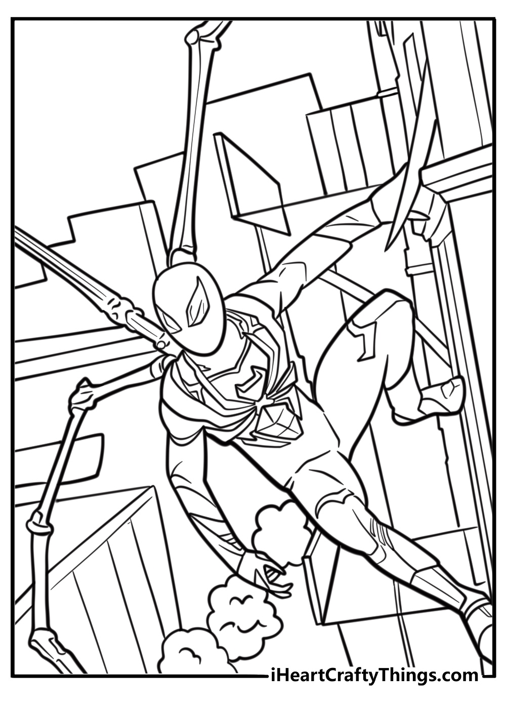 Iron spider climbing a building free printable coloring page