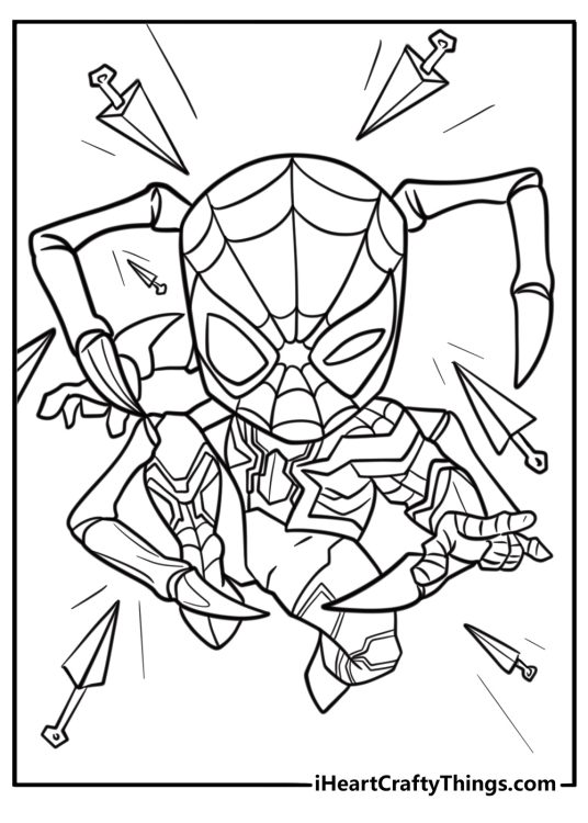 Iron spider dodging attacks free printable coloring page