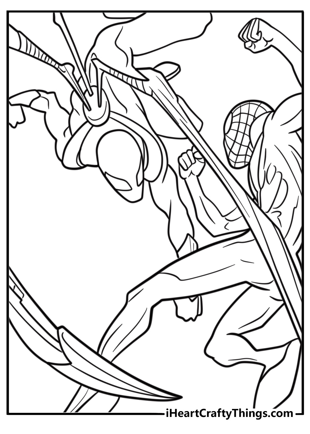 Iron spider fighting a villain in his armored suit coloring sheet