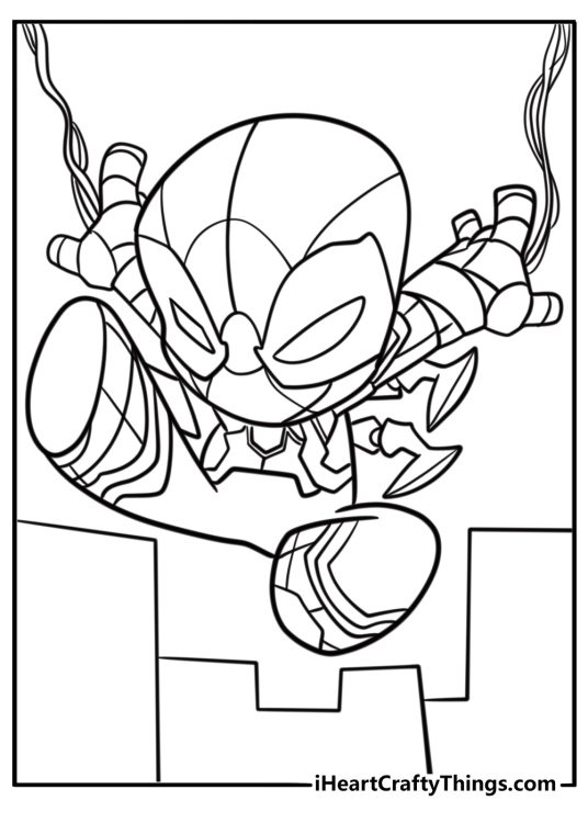 Iron spider in mid air with webs printable coloring sheet