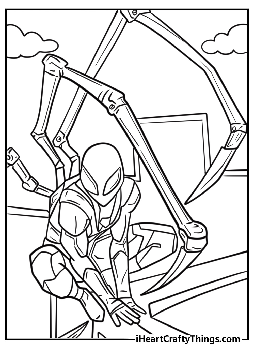 Iron spider perched on a rooftop fun coloring sheet