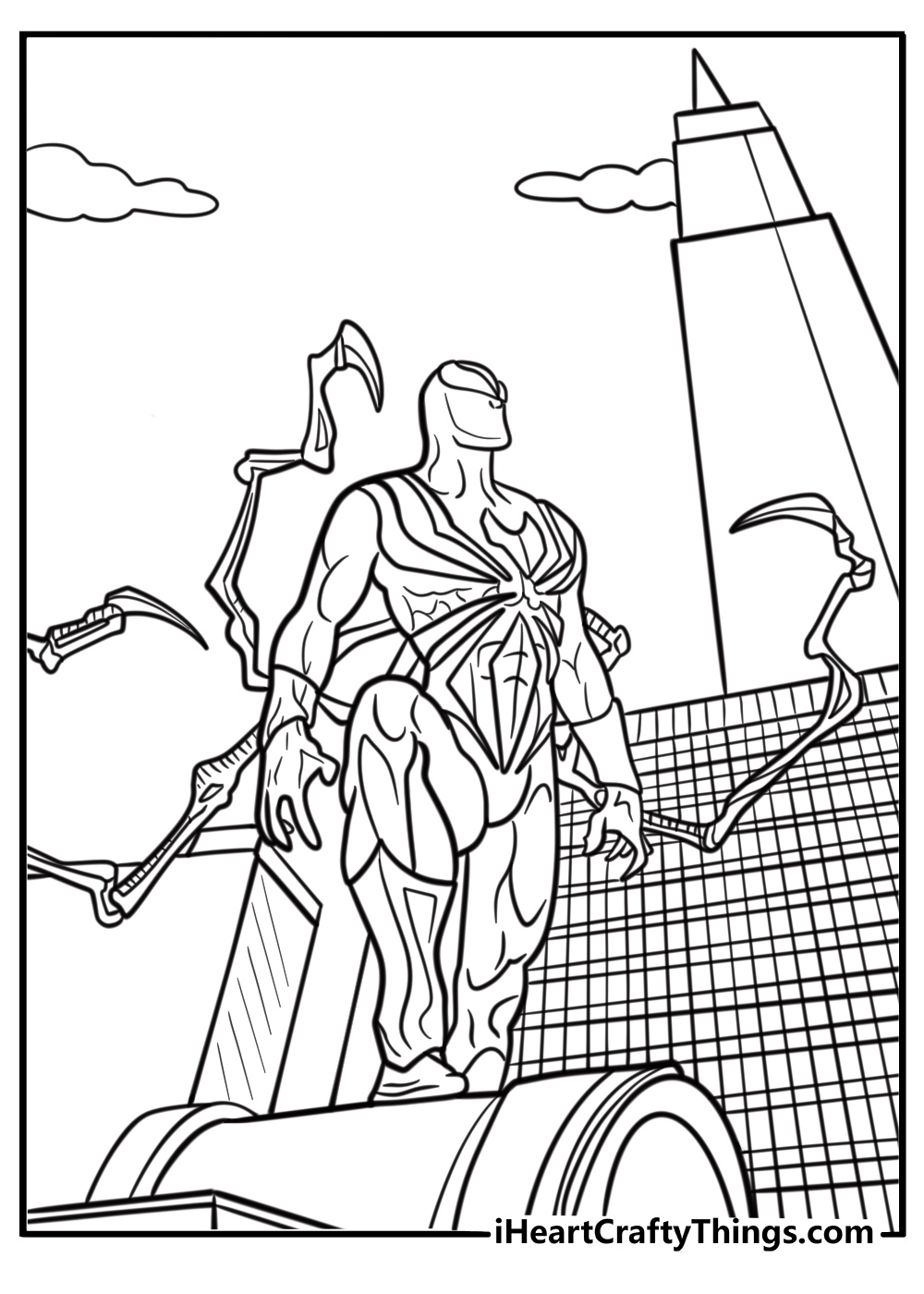 Iron spider protecting civilians during a fight coloring page