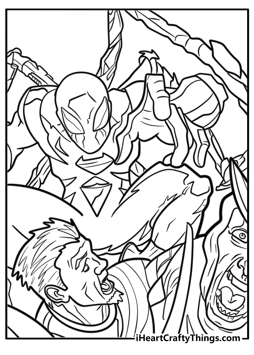 Iron spider surrounded by villains free coloring page