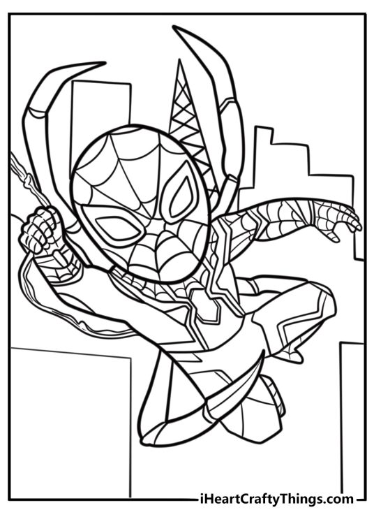 Iron spider swinging through skyscrapers printable coloring page
