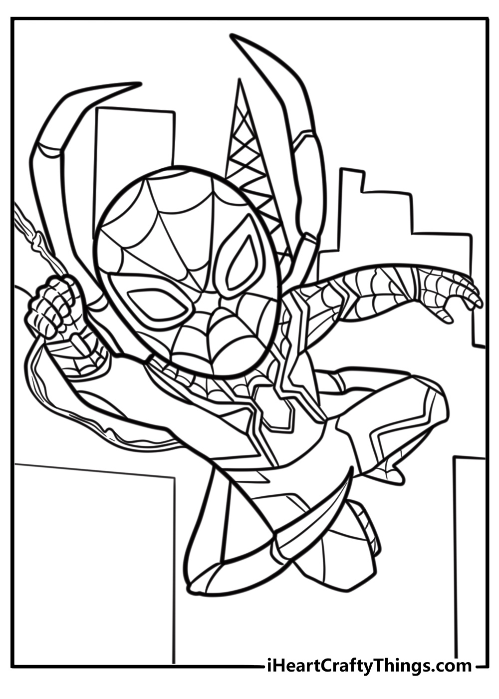 Iron spider swinging through skyscrapers printable coloring page