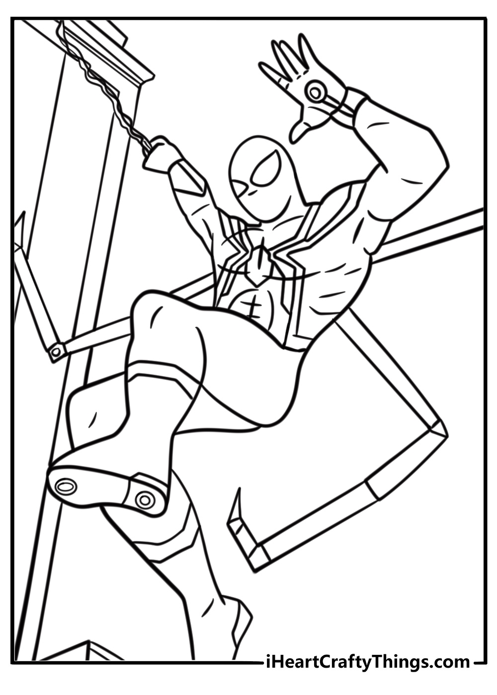 Iron spider swinging with web detailed coloring page