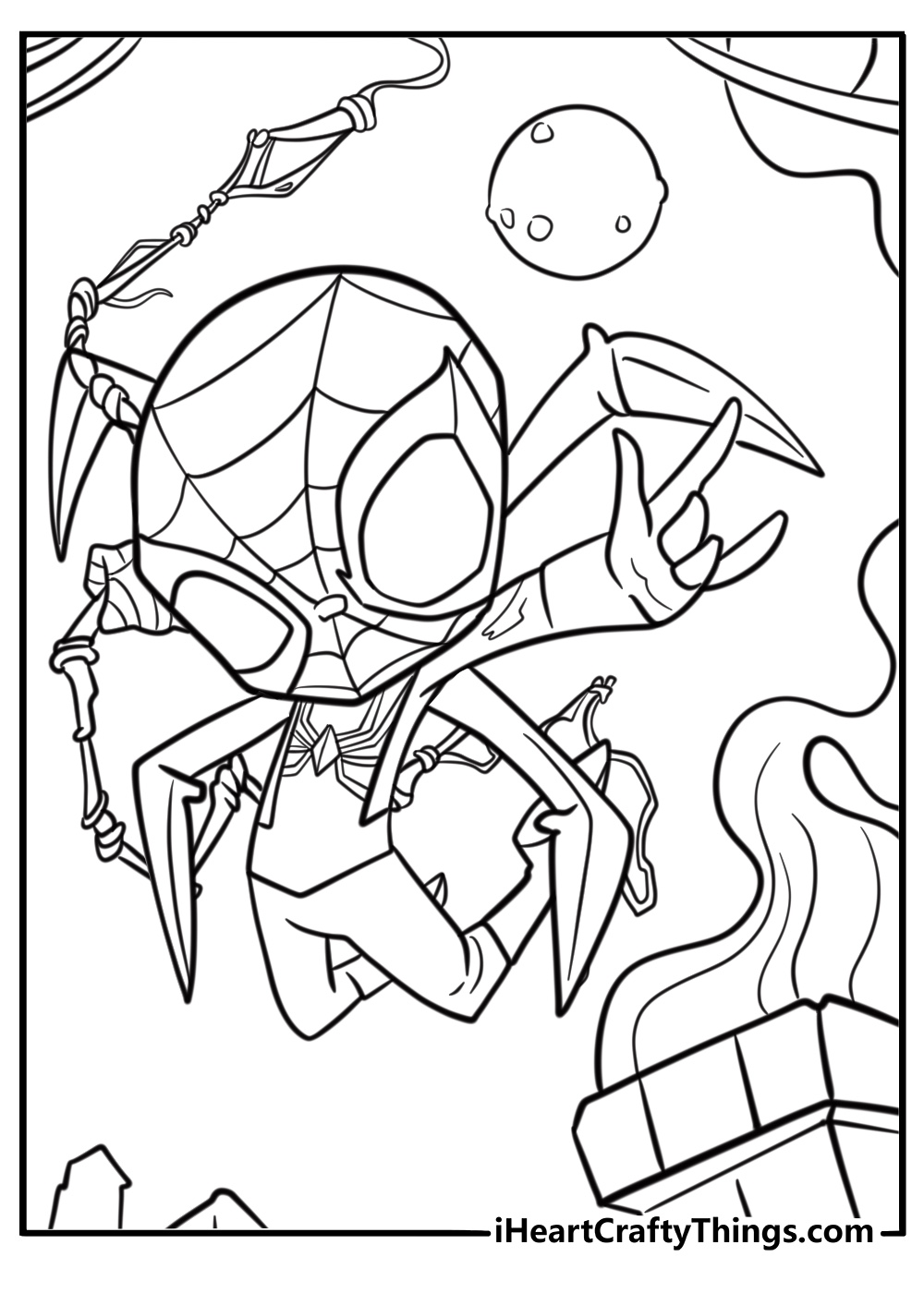 Iron spider with a glowing chest emblem detailed coloring sheet