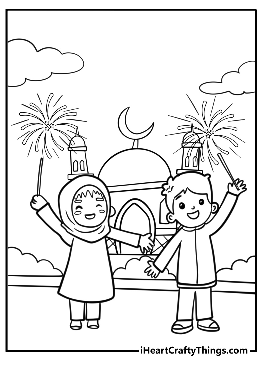 Kids celebrating eid with sparklers fun coloring sheet