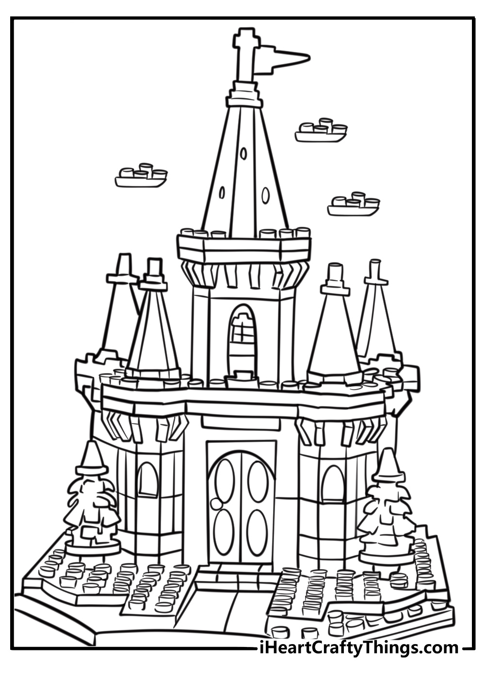 LEGO castle with towers and a flag coloring sheet