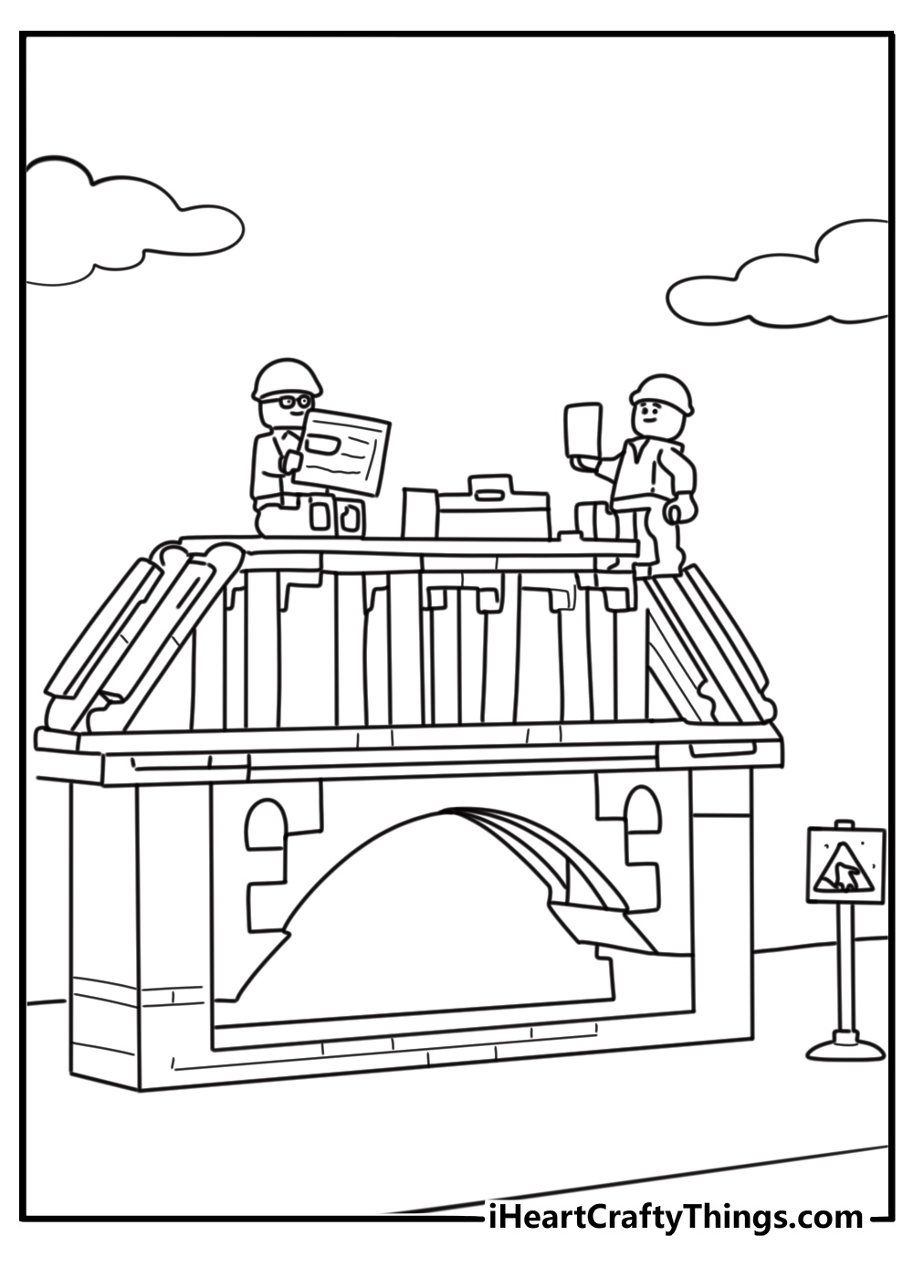 LEGO character building a bridge free coloring page