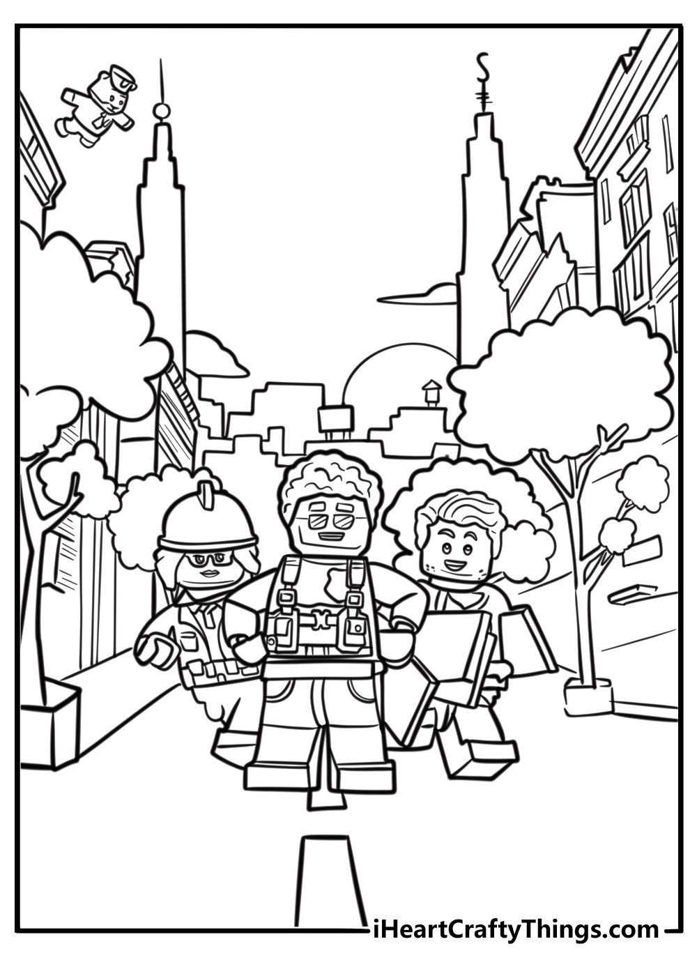 LEGO city with buildings and roads coloring sheet