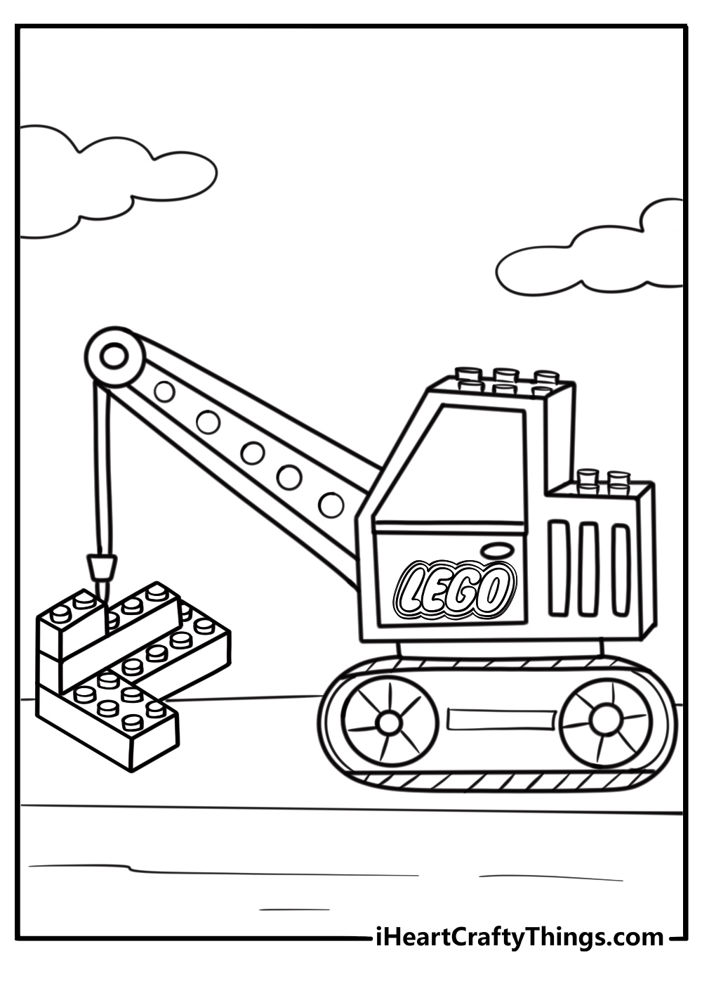 LEGO crane lifting bricks fun coloring sheet