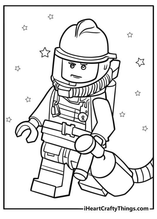 LEGO firefighter with a fire hose printable coloring page
