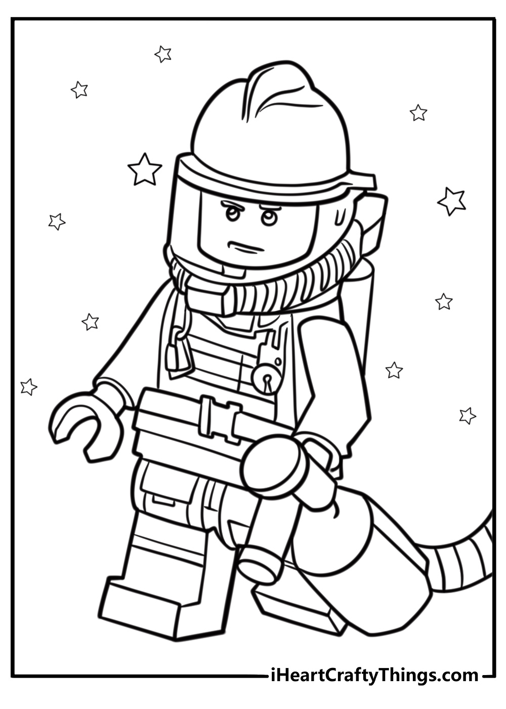 LEGO firefighter with a fire hose printable coloring page