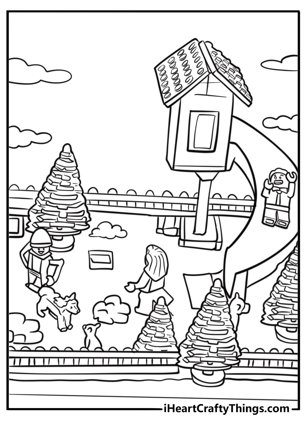 LEGO friends playing in a park coloring page for kids