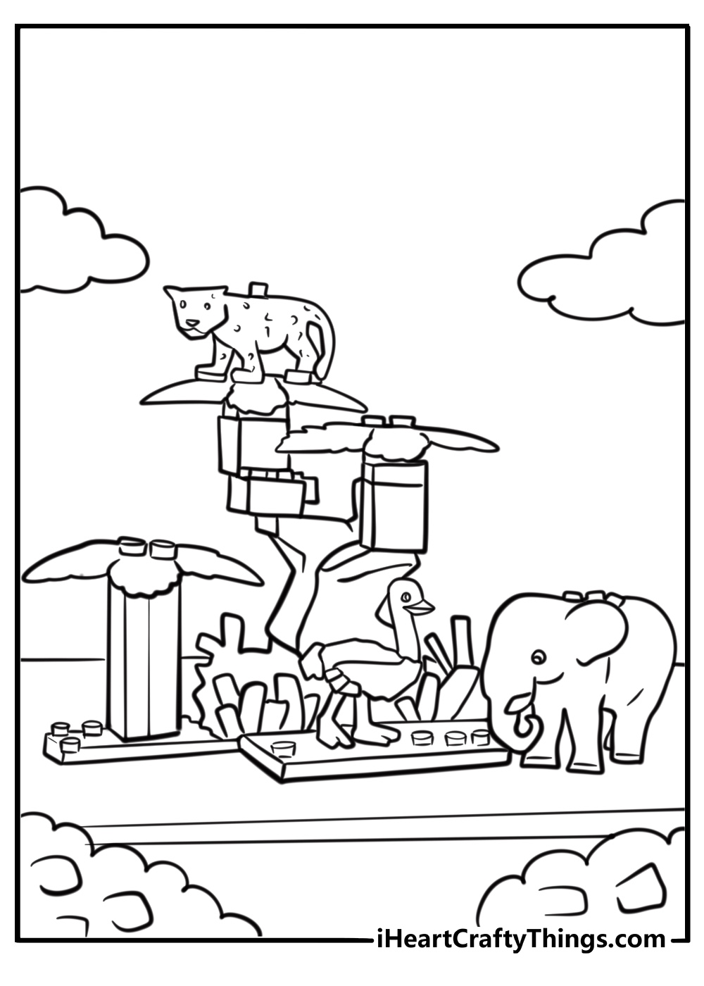 LEGO jungle scene with animals printable coloring page