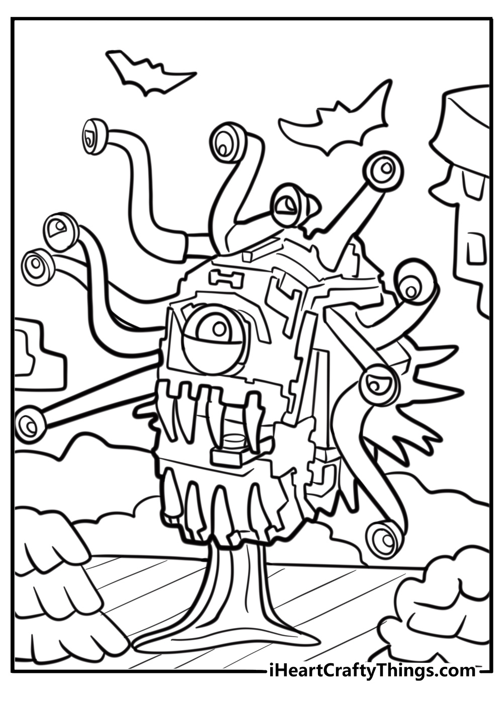 LEGO monster in a spooky scene coloring page