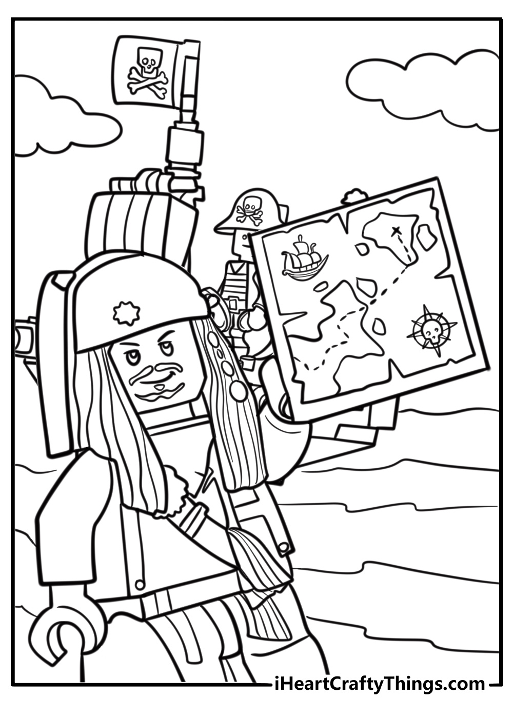 LEGO pirate holding a treasure map coloring page