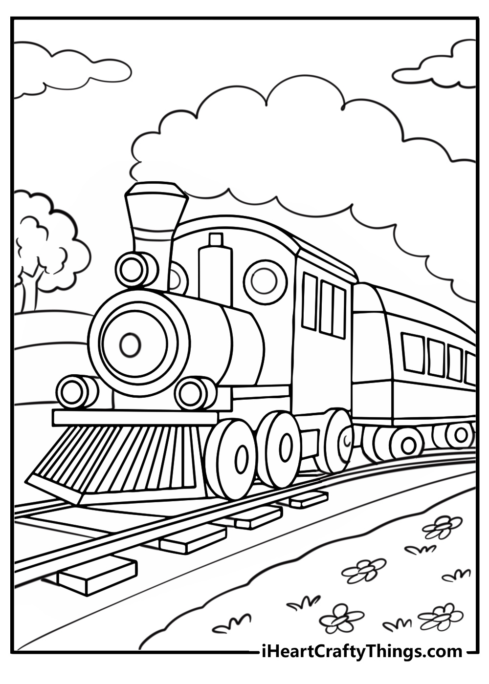 Locomotive pulling a long train detailed coloring sheet