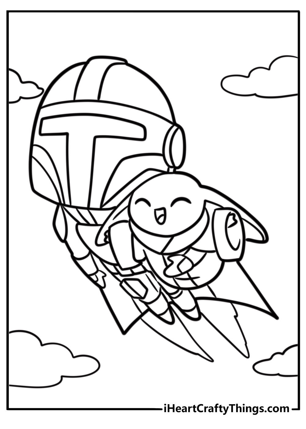 Mandalorian flying with a jetpack coloring page