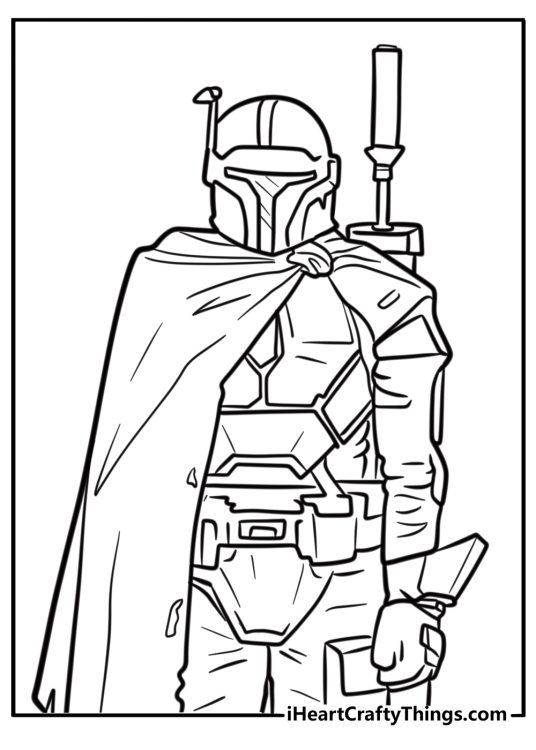 Mandalorian holding a rifle on his back coloring page