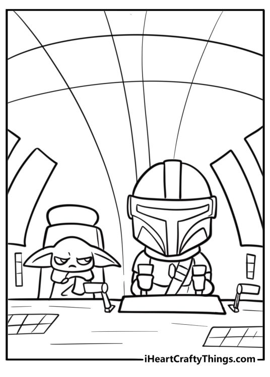 Mandalorian in a starship cockpit free coloring page