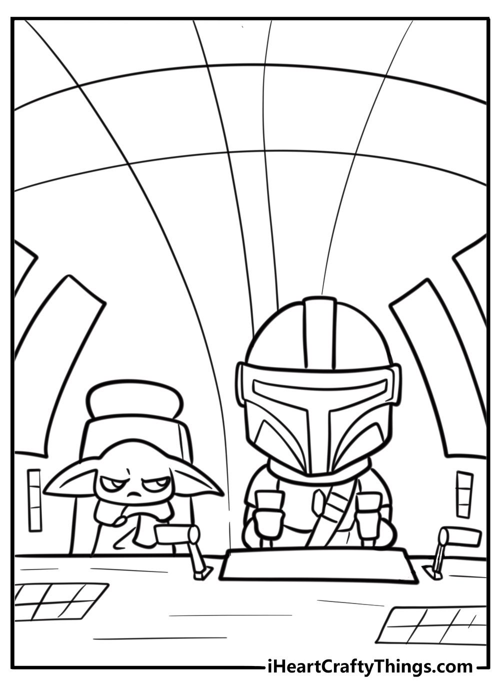 Mandalorian in a starship cockpit free coloring page