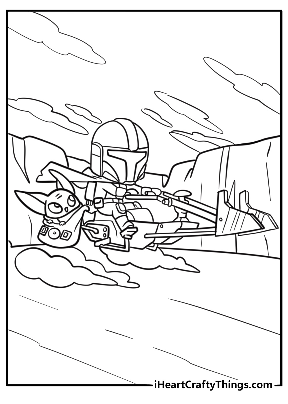 Mandalorian riding a speeder bike printable coloring sheet