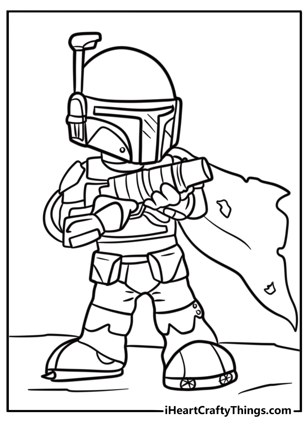 Mandalorian with a cape flowing in the wind coloring sheet