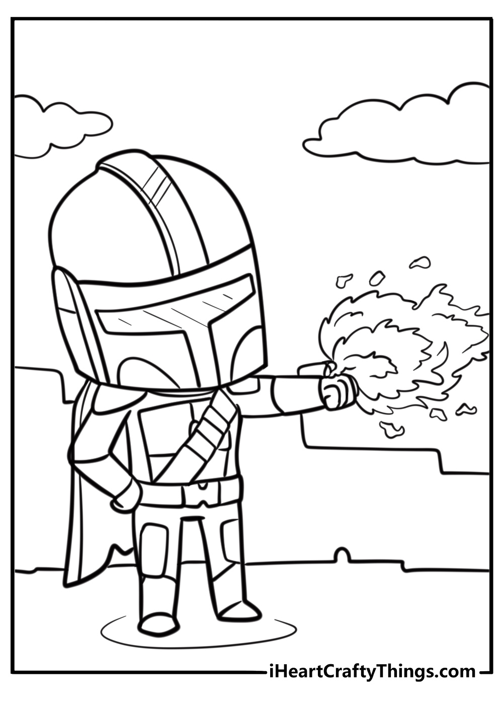 Mandalorian with a flamethrower coloring page