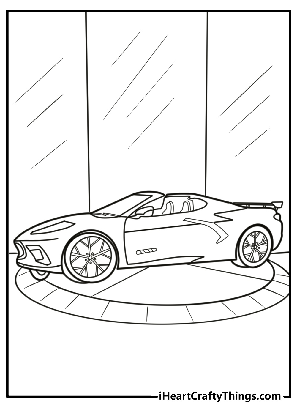 Modern corvette parked in a garage detailed coloring sheet